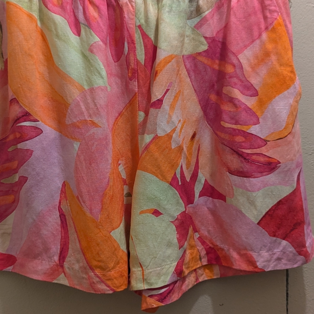 H&M Linen Blend Pull-On Shorts High Waist Pockets Pink Orange Leaf-Patterned- L - Picture 7 of 12